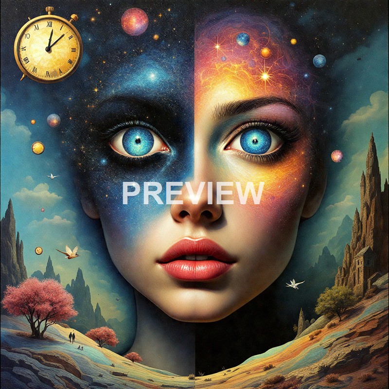 A surreal digital artwork featuring a woman's face split into two halves, with one side depicting a starry cosmic scene and the other side showing a vibrant, colorful representation of the universe, set against a landscape with mountains, trees, and flying birds.
